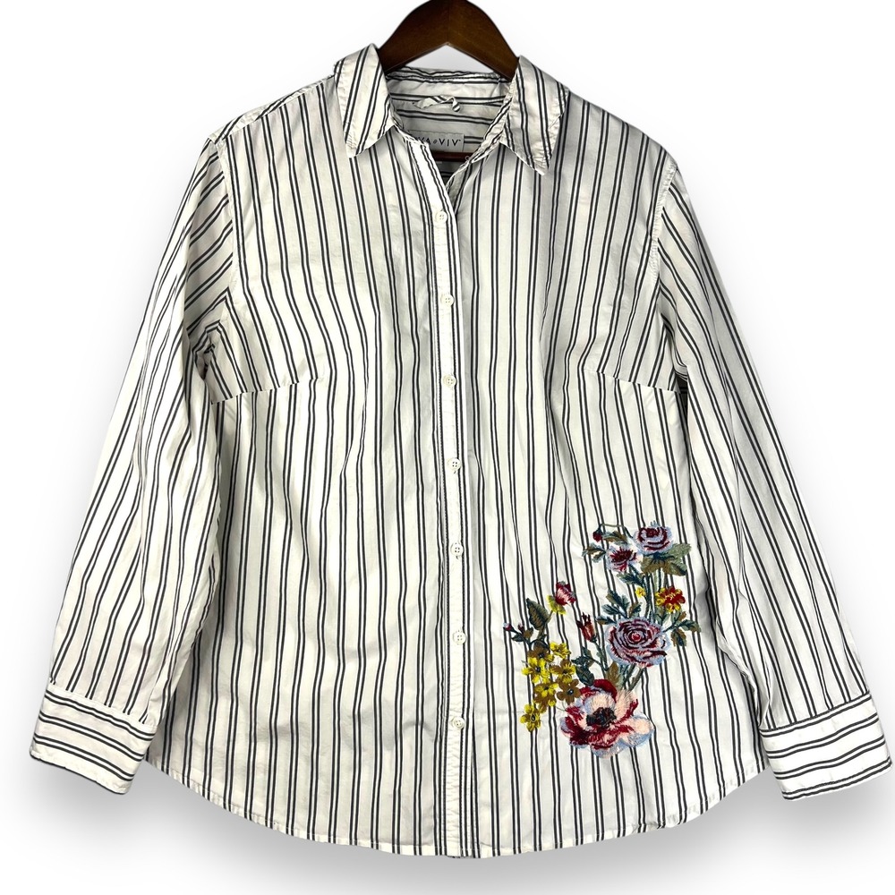 Ava & Viv Button Up Striped Shirt Floral Embroidered Long Sleeve Gray White 1X‎
